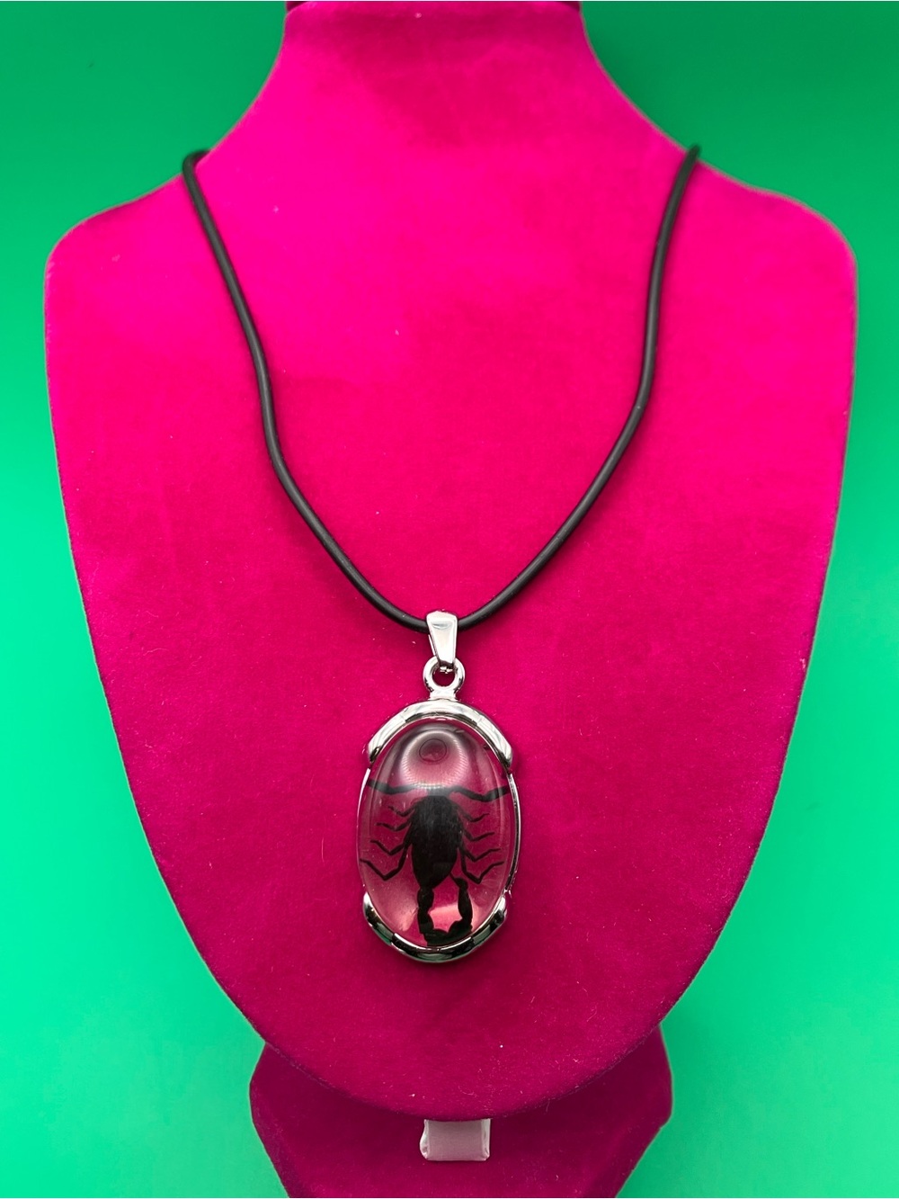 Silver Oval Scorpion Pendant Necklace in Black